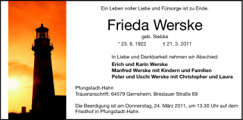Traueranzeige von Frieda Werske von Echo-Zeitungen (Gesamtausgabe)