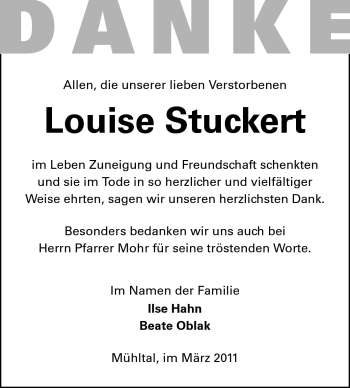 Traueranzeige von Louise Stuckert von Echo-Zeitungen (Gesamtausgabe)
