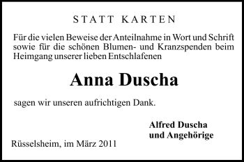 Traueranzeige von Anna Duscha von Rüsselsheimer Echo, Groß-Gerauer-Echo, Ried Echo