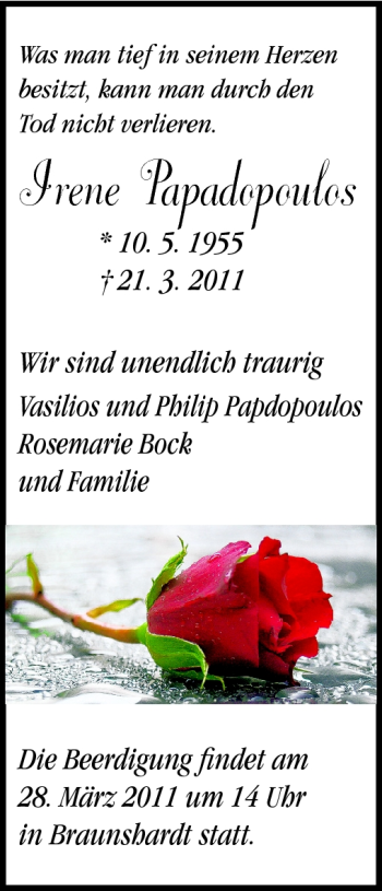 Traueranzeige von Irene Papadopoulos von Darmstädter Echo, Odenwälder Echo, Rüsselsheimer Echo, Groß-Gerauer-Echo, Ried Echo
