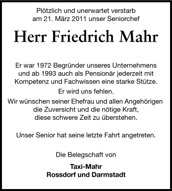 Traueranzeige von Friedrich Mahr von Echo-Zeitungen (Gesamtausgabe)