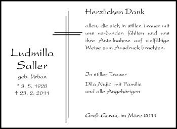 Traueranzeige von Ludmilla Saller von Rüsselsheimer Echo, Groß-Gerauer-Echo, Ried Echo
