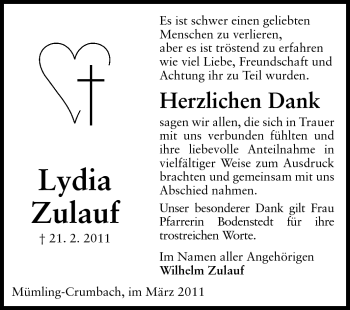 Traueranzeige von Lydia Zulauf von Odenwälder Echo