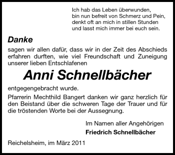 Traueranzeige von Anni Schnellbächer von Echo-Zeitungen (Gesamtausgabe)