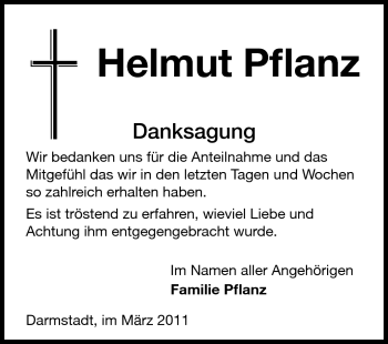 Traueranzeige von Helmut Pflanz von Darmstädter Echo, Odenwälder Echo, Rüsselsheimer Echo, Groß-Gerauer-Echo, Ried Echo