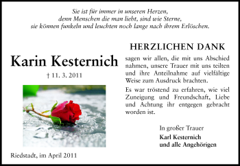 Traueranzeige von Karin Kesternich von Rüsselsheimer Echo, Groß-Gerauer-Echo, Ried Echo