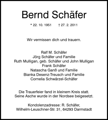 Traueranzeige von Bernd Schäfer von Darmstädter Echo, Odenwälder Echo, Rüsselsheimer Echo, Groß-Gerauer-Echo, Ried Echo