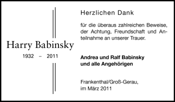 Traueranzeige von Harry Babinsky von Echo-Zeitungen (Gesamtausgabe)