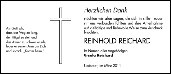 Traueranzeige von Reinhold Reichard von Rüsselsheimer Echo, Groß-Gerauer-Echo, Ried Echo