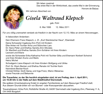 Traueranzeige von Gisela Waltraud Klepsch von Darmstädter Echo, Odenwälder Echo, Rüsselsheimer Echo, Groß-Gerauer-Echo, Ried Echo
