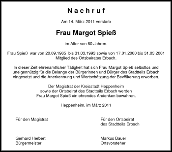 Traueranzeige von Margot Spieß von Starkenburger Echo