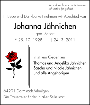 Traueranzeige von Johanna Jähnichen von Echo-Zeitungen (Gesamtausgabe)