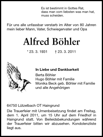 Traueranzeige von Alfred Böhler von Odenwälder Echo
