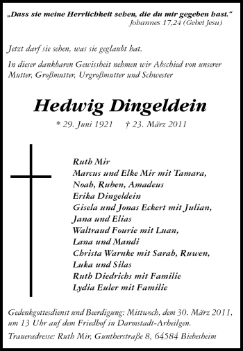 Traueranzeige von Hedwig Dingeldein von Echo-Zeitungen (Gesamtausgabe)