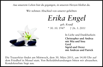 Traueranzeige von Erika Engel von Darmstädter Echo, Odenwälder Echo, Rüsselsheimer Echo, Groß-Gerauer-Echo, Ried Echo