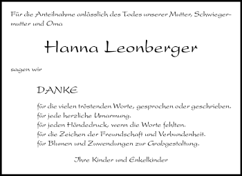 Traueranzeige von Hanna Leonberger von Rüsselsheimer Echo, Groß-Gerauer-Echo, Ried Echo