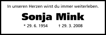 Traueranzeige von Sonja Mink von Echo-Zeitungen (Gesamtausgabe)