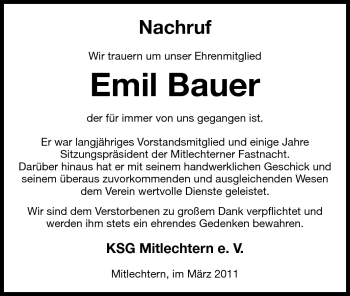 Traueranzeige von Emil Bauer von Starkenburger Echo