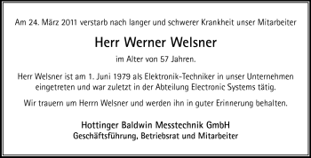Traueranzeige von Werner Welsner von Echo-Zeitungen (Gesamtausgabe)