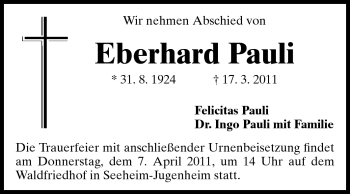 Traueranzeige von Eberhard Pauli von Echo-Zeitungen (Gesamtausgabe)