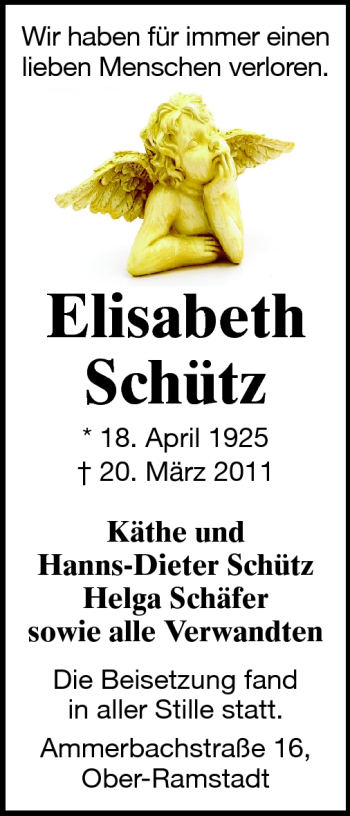 Traueranzeige von Elisabeth Schütz von Echo-Zeitungen (Gesamtausgabe)
