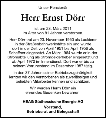 Traueranzeige von Ernst Dörr von Echo-Zeitungen (Gesamtausgabe)