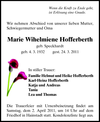 Traueranzeige von Marie Wihelmiene Hofferberth von Odenwälder Echo