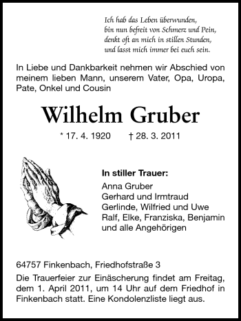 Traueranzeige von Wilhelm Gruber von Odenwälder Echo