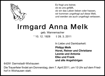 Traueranzeige von Irmgard Anna Melk von Echo-Zeitungen (Gesamtausgabe)