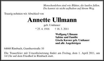 Traueranzeige von Annette Ullmann von Starkenburger Echo