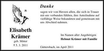Traueranzeige von Elisabeth Krämer von Odenwälder Echo