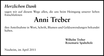 Traueranzeige von Anni Treber von Rüsselsheimer Echo, Groß-Gerauer-Echo, Ried Echo
