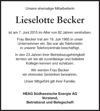 Traueranzeige von Lieselotte Becker von Echo-Zeitungen (Gesamtausgabe)