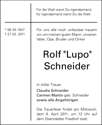 Traueranzeige von Rolf Schneider  von Echo-Zeitungen (Gesamtausgabe)