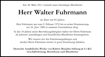 Traueranzeige von Walter Fuhrmann von Echo-Zeitungen (Gesamtausgabe)