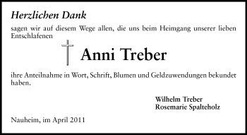 Traueranzeige von Anni Treber von Rüsselsheimer Echo, Groß-Gerauer-Echo, Ried Echo
