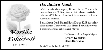 Traueranzeige von Martha Kohlstedt von Odenwälder Echo