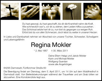 Traueranzeige von Regina Mokler von Darmstädter Echo, Odenwälder Echo, Rüsselsheimer Echo, Groß-Gerauer-Echo, Ried Echo