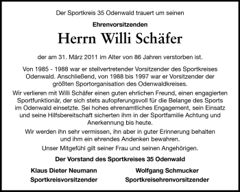 Traueranzeige von Willi Schäfer von Odenwälder Echo