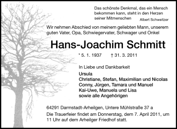 Traueranzeige von Hans-Joachim Schmitt von Echo-Zeitungen (Gesamtausgabe)