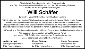 Traueranzeige von Willi Schäfer von Odenwälder Echo