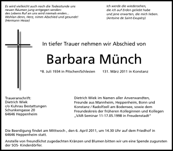 Traueranzeige von Barbara Münch von Starkenburger Echo