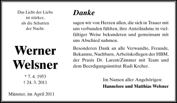 Traueranzeige von Werner Welsner von Darmstädter Echo, Odenwälder Echo, Rüsselsheimer Echo, Groß-Gerauer-Echo, Ried Echo