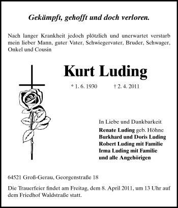 Traueranzeige von Kurt Luding von Rüsselsheimer Echo, Groß-Gerauer-Echo, Ried Echo