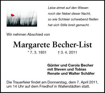 Traueranzeige von Margarete Becher-List von Rüsselsheimer Echo, Groß-Gerauer-Echo, Ried Echo