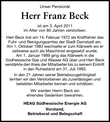 Traueranzeige von Franz Beck von Echo-Zeitungen (Gesamtausgabe)
