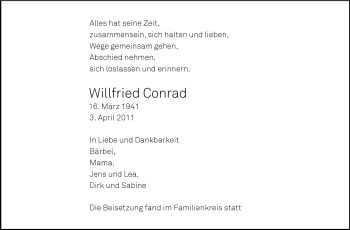 Traueranzeige von Willfried Conrad von Darmstädter Echo, Odenwälder Echo, Rüsselsheimer Echo, Groß-Gerauer-Echo, Ried Echo