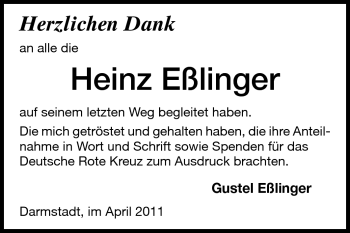 Traueranzeige von Heinz Eßlinger von Darmstädter Echo, Odenwälder Echo, Rüsselsheimer Echo, Groß-Gerauer-Echo, Ried Echo