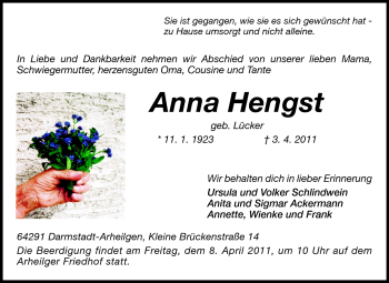 Traueranzeige von Anna Hengst von Echo-Zeitungen (Gesamtausgabe)