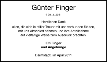 Traueranzeige von Günter Finger von Darmstädter Echo, Odenwälder Echo, Rüsselsheimer Echo, Groß-Gerauer-Echo, Ried Echo